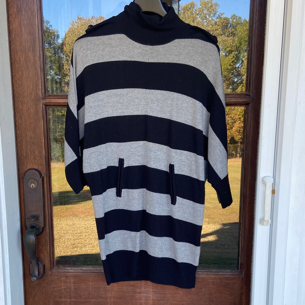 Tory Burch Jacinthe Merino Wool Black‎ and Gray Striped Turtleneck Sweater Tunic